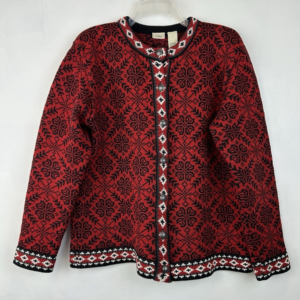 Vtg LL Bean Sweater Womens M Reg Cotton Cardigan Red Black Print Cottagecore